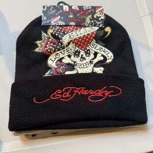 Ed Hardy 2 Pk Women Black Beanie Hats Flower Skull Rhinestones Embroidered NWT